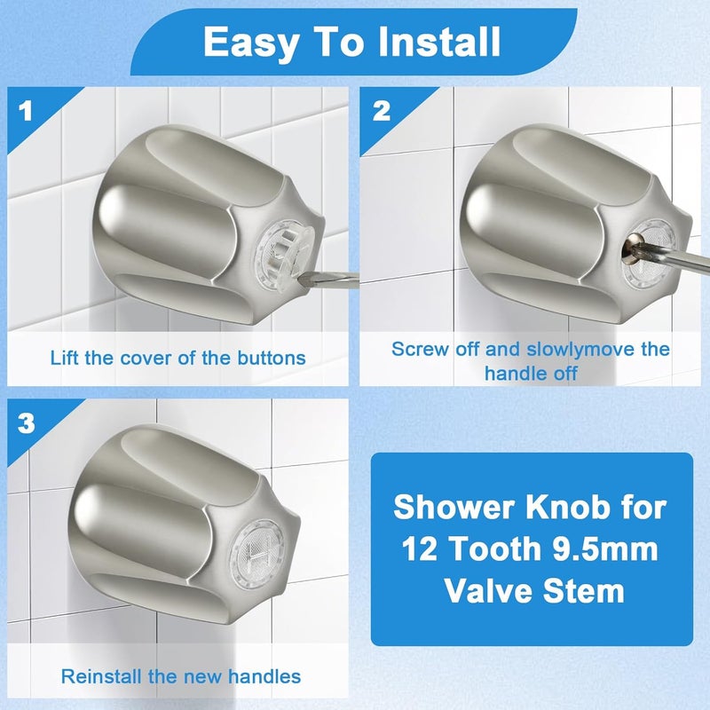 Coolfell Metal Shower Knobs 3 Piece Replacement, Compatible with Price Pfister Shower Verve and Faucet Handle, Shower Knob for 12 Tooth 9.5mm Valve stem, Height 2.35 in Width 2.35 in (Brushed Nickel) - Image 4